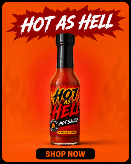 A bottle of Hot As Hell hot sauce centered on a bright orange background with flame graphics, a red starburst graphic reading 'HOT AS HELL' at the top, and a black 'SHOP NOW' button at the bottom.